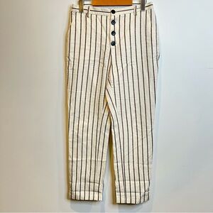 Chloe Stora Cotton Linen Striped Ankle Crop Straight Leg Pants Cream